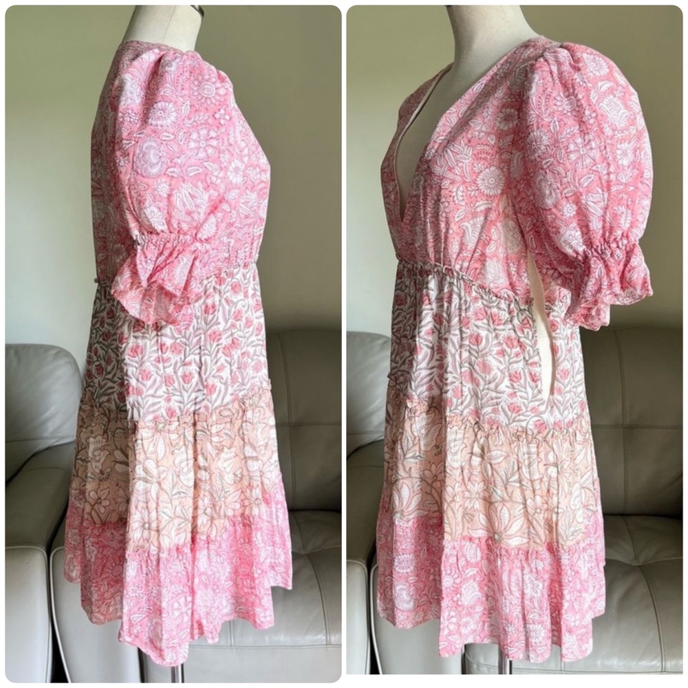 NEW SAYLOR Mini Dress Sz L Leigha Puff Sleeve Floral Boho Pink Baby Doll Garden - Picture 4 of 15